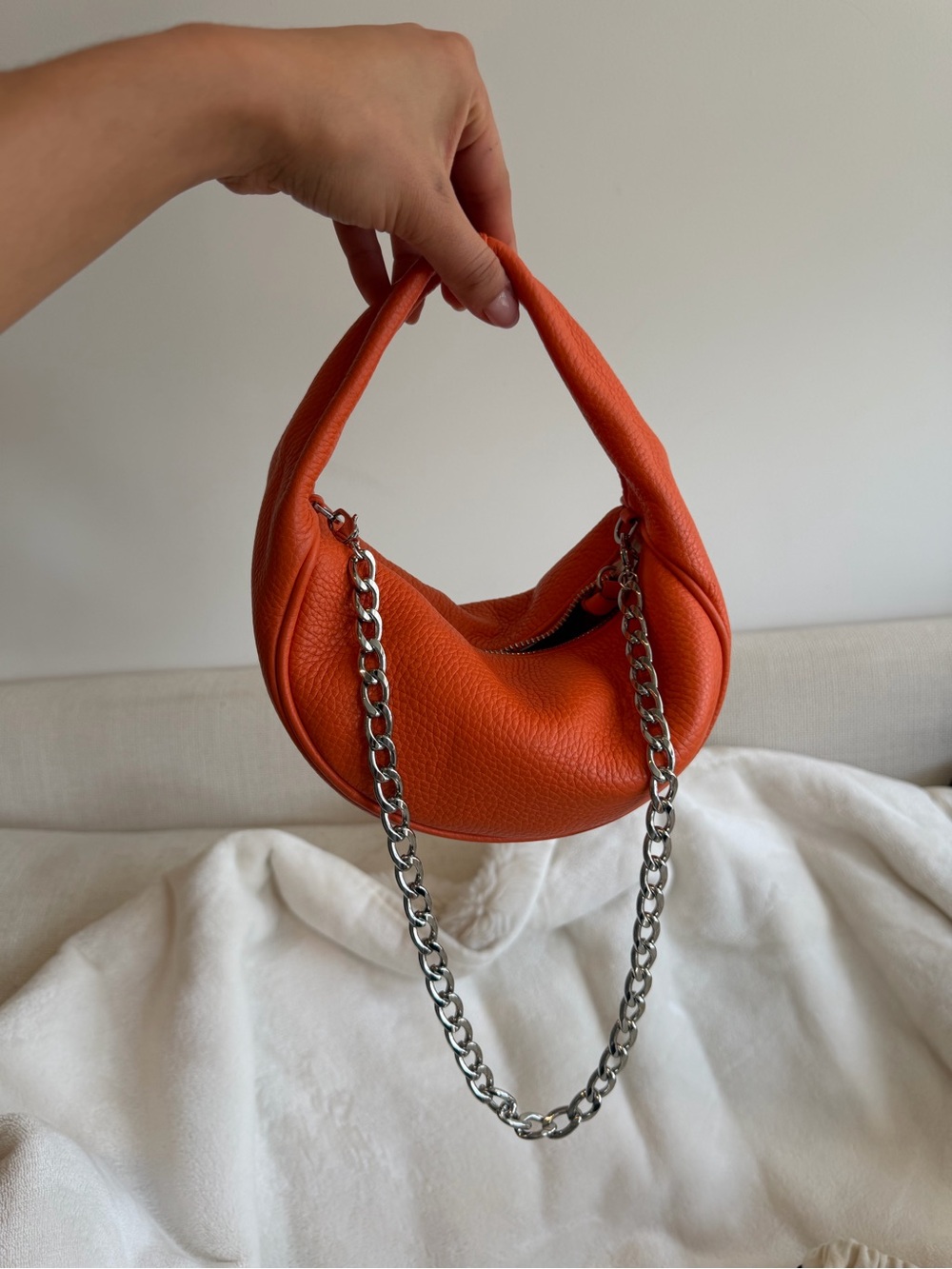 By Far Baby Cush Orange Leather Bag with Chain Strap